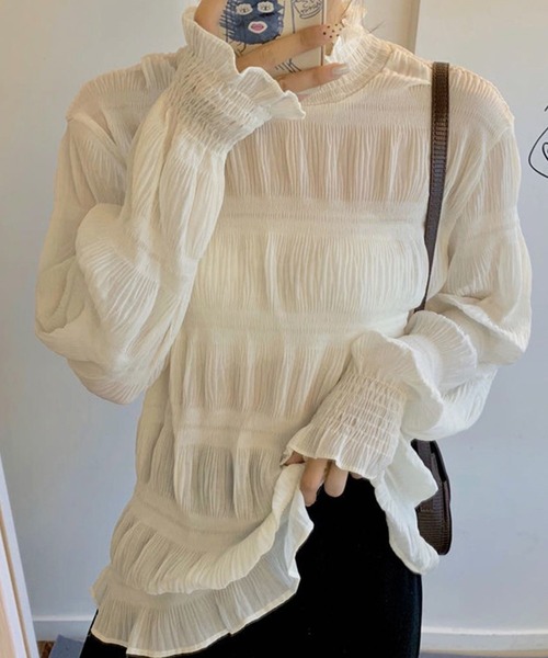 DAY CLOSET（デイ クローゼット）の「レディース シャーリングシースルーフリルブラウス（シャツ/ブラウス・レディース・ホワイト/ブラック/ブラウン・ONE SIZE）」の2枚目の写真