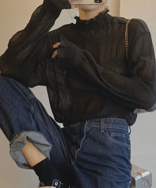 DAY CLOSET（デイ クローゼット）の「レディース シャーリングシースルーフリルブラウス（シャツ/ブラウス・レディース・ホワイト/ブラック/ブラウン・ONE SIZE）」の3枚目の写真