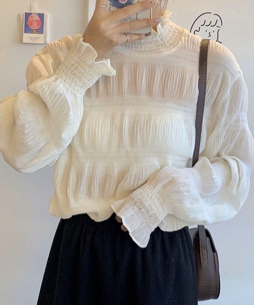 DAY CLOSET（デイ クローゼット）の「レディース シャーリングシースルーフリルブラウス（シャツ/ブラウス・レディース・ホワイト/ブラック/ブラウン・ONE SIZE）」の4枚目の写真