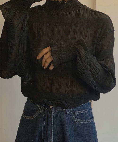 DAY CLOSET（デイ クローゼット）の「レディース シャーリングシースルーフリルブラウス（シャツ/ブラウス・レディース・ホワイト/ブラック/ブラウン・ONE SIZE）」の6枚目の写真