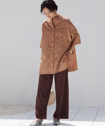 製品洗い綿サテン バンドカラービッグ七分袖シャツ