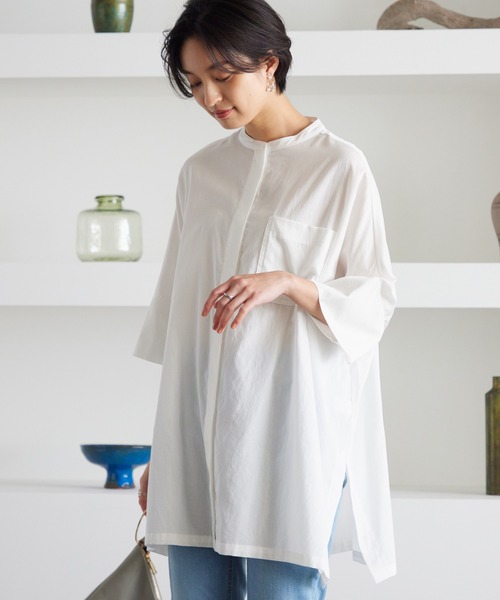 OMNES Another Edition（オムネス アナザーエディション）の「製品洗い綿サテン バンドカラービッグ七分袖シャツ（シャツ/ブラウス・レディース・ブラウン系その他・FREE）」の3枚目の写真