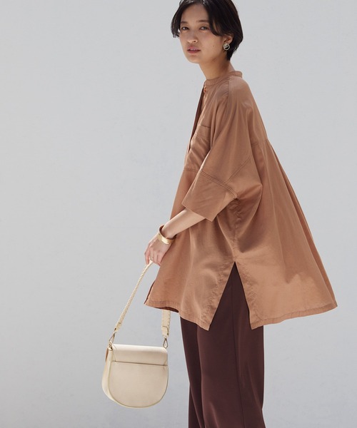 OMNES Another Edition（オムネス アナザーエディション）の「製品洗い綿サテン バンドカラービッグ七分袖シャツ（シャツ/ブラウス・レディース・ブラウン系その他・FREE）」の12枚目の写真