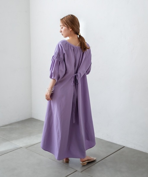 美品 ブラミンク バックリボン ボリュームスリーブ 半袖 ロング ワンピース 紫 ロングワンピース ボリューム袖 バックリボン[品番：LGMW0004621