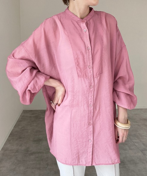 She's Closet(シーズクローゼット)の「バンドカラーボリューム袖ロング丈長袖シアーシャツ(シャツ/ブラウス・レディース・ベージュ/スモークピンク/ダークラベンダー/ライトグリーン/アイボリー・FREE)」の5枚目の写真