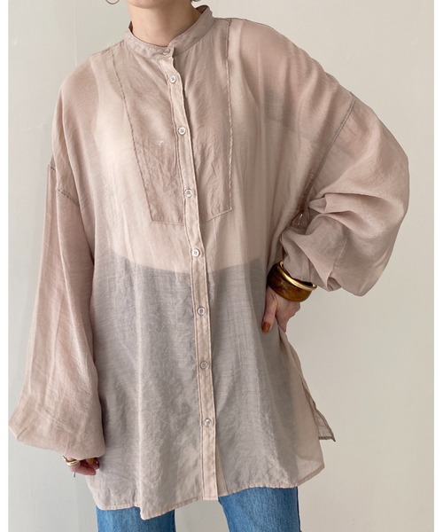 She's Closet(シーズクローゼット)の「バンドカラーボリューム袖ロング丈長袖シアーシャツ(シャツ/ブラウス・レディース・ベージュ/スモークピンク/ダークラベンダー/ライトグリーン/アイボリー・FREE)」の7枚目の写真
