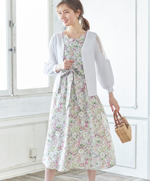 年最新海外 Tocco Closet トッコ クローゼット のファッション ウエストりぼん付きフラワープリントスカラップカットノースリーブ ワンピース ワンピース Tocco ワンピース ドレス Closet トッコ
