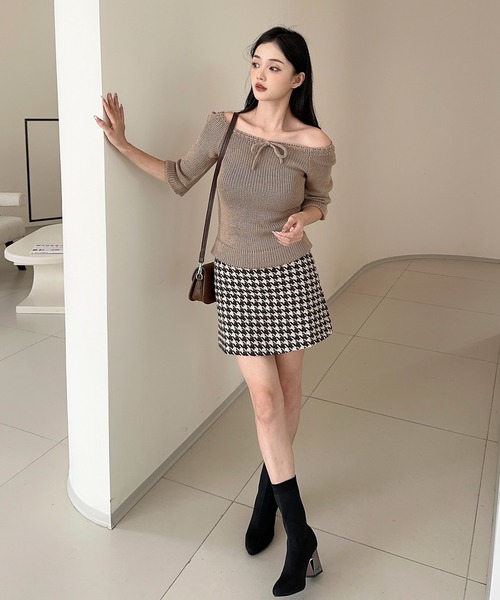 Jasmine Grandiflorum（ジャスミングランディフローラム）の「【Jasmine】千鳥柄ミニスカート（スカート・レディース・チョコ/ブラック・LARGE/MEDIUM/SMALL/X-LARGE）」の6枚目の写真