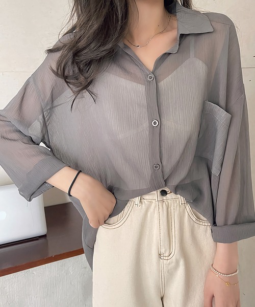 Dita Muaj.(ディータムアージュ)の「シースルーカラーシャツ(シャツ/ブラウス・レディース・アッシュグレー/ダークグリーン/ダークブラウン/アイボリー/クリーム/プラム/スモークピンク/グレイッシュブルー・FREE)」の7枚目の写真