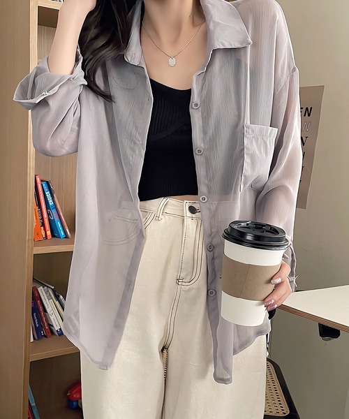 Dita Muaj.(ディータムアージュ)の「シースルーカラーシャツ(シャツ/ブラウス・レディース・アッシュグレー/ダークグリーン/ダークブラウン/アイボリー/クリーム/プラム/スモークピンク/グレイッシュブルー・FREE)」の4枚目の写真