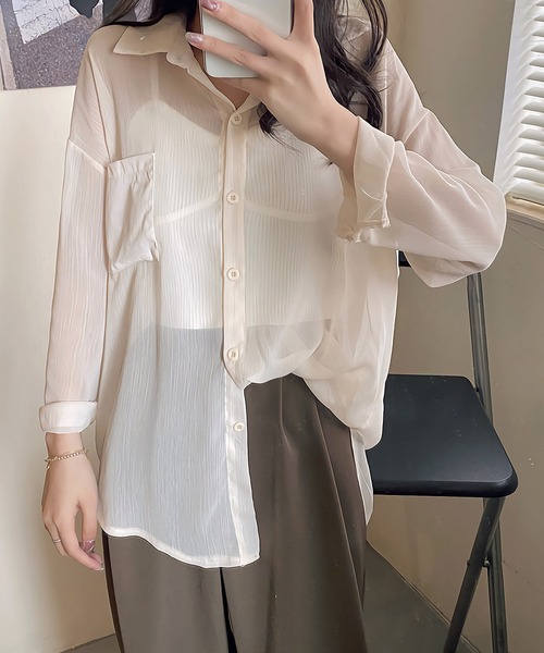 Dita Muaj.(ディータムアージュ)の「シースルーカラーシャツ(シャツ/ブラウス・レディース・アッシュグレー/ダークグリーン/ダークブラウン/アイボリー/クリーム/プラム/スモークピンク/グレイッシュブルー・FREE)」の9枚目の写真