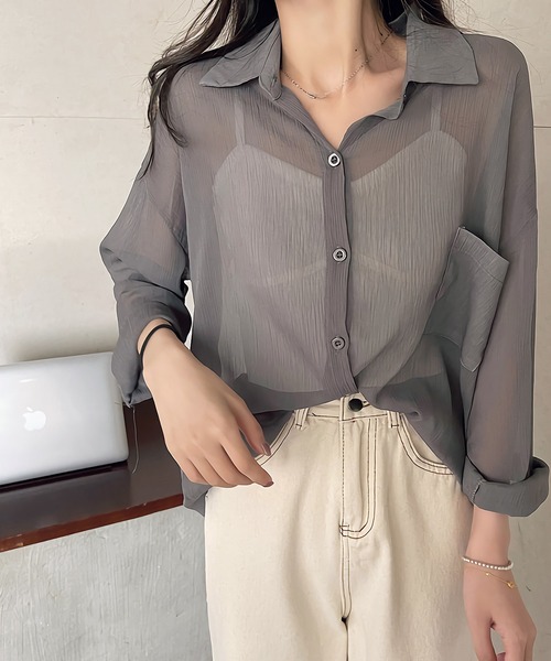 Dita Muaj.(ディータムアージュ)の「シースルーカラーシャツ(シャツ/ブラウス・レディース・アッシュグレー/ダークグリーン/ダークブラウン/アイボリー/クリーム/プラム/スモークピンク/グレイッシュブルー・FREE)」の18枚目の写真