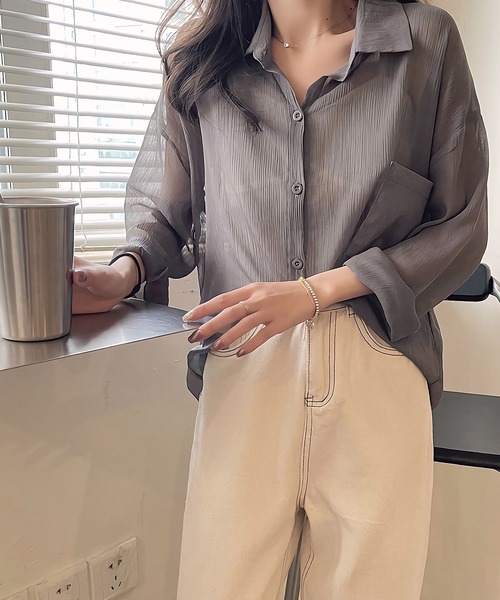 Dita Muaj.(ディータムアージュ)の「シースルーカラーシャツ(シャツ/ブラウス・レディース・アッシュグレー/ダークグリーン/ダークブラウン/アイボリー/クリーム/プラム/スモークピンク/グレイッシュブルー・FREE)」の11枚目の写真