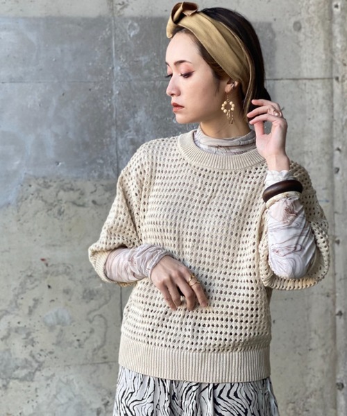 deux amour（ドゥーザムール）の「メッシュトップス（Tシャツ/カットソー・レディース・オフホワイト/グリーン・MEDIUM）」の6枚目の写真