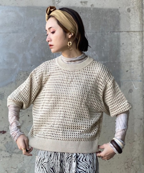 deux amour（ドゥーザムール）の「メッシュトップス（Tシャツ/カットソー・レディース・オフホワイト/グリーン・MEDIUM）」の8枚目の写真