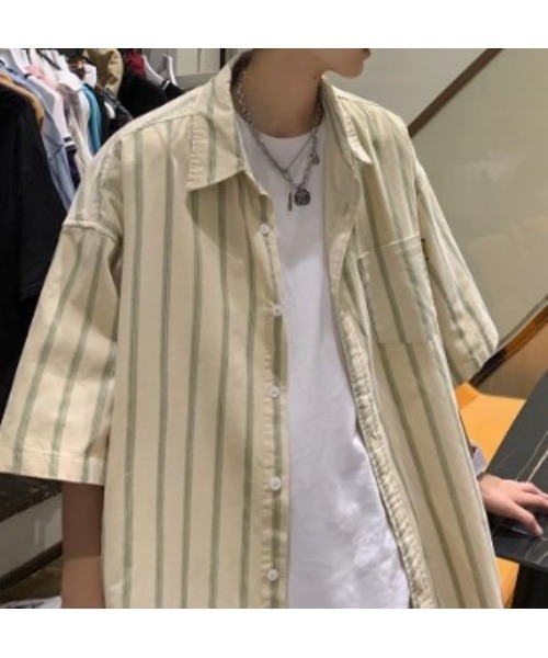 SETUP7（セットアップセブン）の「【SETUP7】オーバーシルエット刺繍入り半袖シャツ　ハーフスリーブシャツ　ストライプ　/　チェック（シャツ/ブラウス・メンズ・ホワイト/ベージュ/ブルー/ブラック/サックスブルー/ホワイト系その他2/ネイビー/ライトグリーン・FREE/L/M）」の4枚目の写真