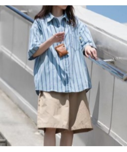 SETUP7（セットアップセブン）の「【SETUP7】オーバーシルエット刺繍入り半袖シャツ　ハーフスリーブシャツ　ストライプ　/　チェック（シャツ/ブラウス・メンズ・ホワイト/ベージュ/ブルー/ブラック/サックスブルー/ホワイト系その他2/ネイビー/ライトグリーン・FREE/L/M）」の8枚目の写真