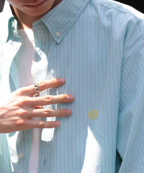 SETUP7（セットアップセブン）の「【SETUP7】オーバーシルエット刺繍入り半袖シャツ　ハーフスリーブシャツ　ストライプ　/　チェック（シャツ/ブラウス・メンズ・ホワイト/ベージュ/ブルー/ブラック/サックスブルー/ホワイト系その他2/ネイビー/ライトグリーン・FREE/L/M）」の5枚目の写真