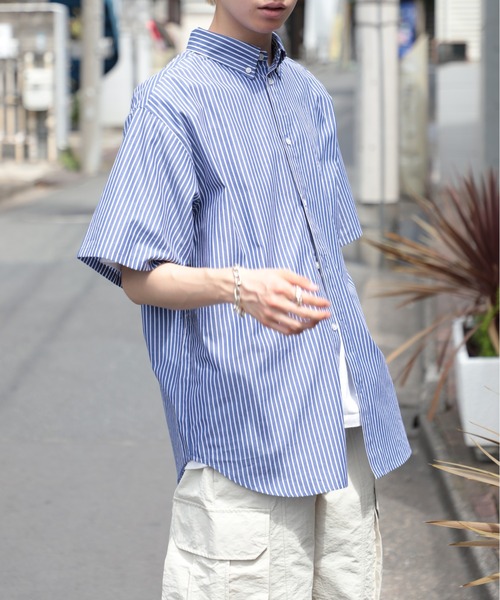 SETUP7（セットアップセブン）の「【SETUP7】オーバーシルエット刺繍入り半袖シャツ　ハーフスリーブシャツ　ストライプ　/　チェック（シャツ/ブラウス・メンズ・ホワイト/ベージュ/ブルー/ブラック/サックスブルー/ホワイト系その他2/ネイビー/ライトグリーン・FREE/L/M）」の21枚目の写真