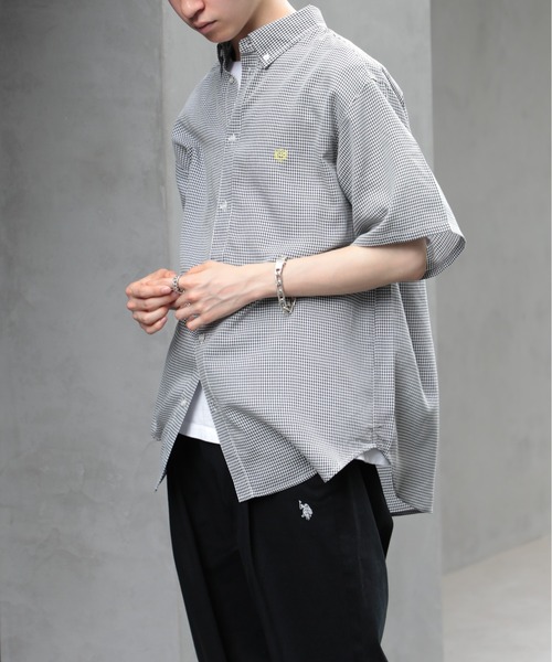 SETUP7（セットアップセブン）の「【SETUP7】オーバーシルエット刺繍入り半袖シャツ　ハーフスリーブシャツ　ストライプ　/　チェック（シャツ/ブラウス・メンズ・ホワイト/ベージュ/ブルー/ブラック/サックスブルー/ホワイト系その他2/ネイビー/ライトグリーン・FREE/L/M）」の14枚目の写真