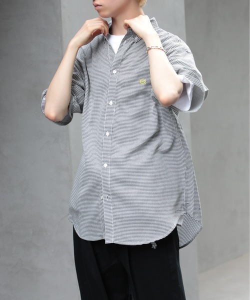 SETUP7（セットアップセブン）の「【SETUP7】オーバーシルエット刺繍入り半袖シャツ　ハーフスリーブシャツ　ストライプ　/　チェック（シャツ/ブラウス・メンズ・ホワイト/ベージュ/ブルー/ブラック/サックスブルー/ホワイト系その他2/ネイビー/ライトグリーン・FREE/L/M）」の15枚目の写真