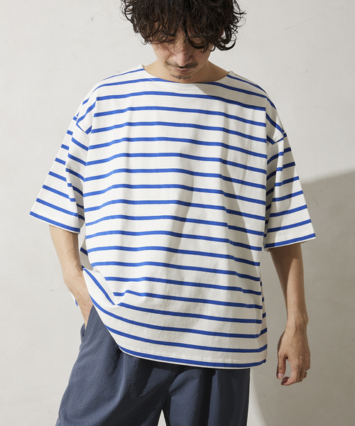 JOURNAL STANDARD relume（ジャーナルスタンダード　レリューム）の「オーバーサイズ ボートネックボーダーTシャツ（Tシャツ/カットソー・メンズ・ブラック/グリーン/ブルー/ネイビー・MEDIUM/LARGE）」の18枚目の写真