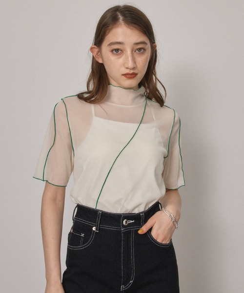 PUBLIC TOKYO（パブリックトウキョウ）の「【岐阜県産】【洗える】シースルーハーフスリーブメローカットソー/シアートップス（Tシャツ/カットソー・レディース・ホワイト×グリーン/グレー×ホワイト/グリーン×オレンジ/ピンク系その他/ブラック/ホワイト系/グリーン/ブラウン/サックスブルー系/ブルー/ベージュ・FREE）」の17枚目の写真