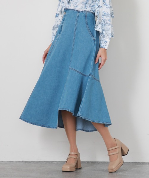 Cheek(チーク)の「デニムイレヘムフレアスカート(デニムスカート・レディース・ネイビー/サックスブルー・SMALL/MEDIUM)」の1枚目の写真