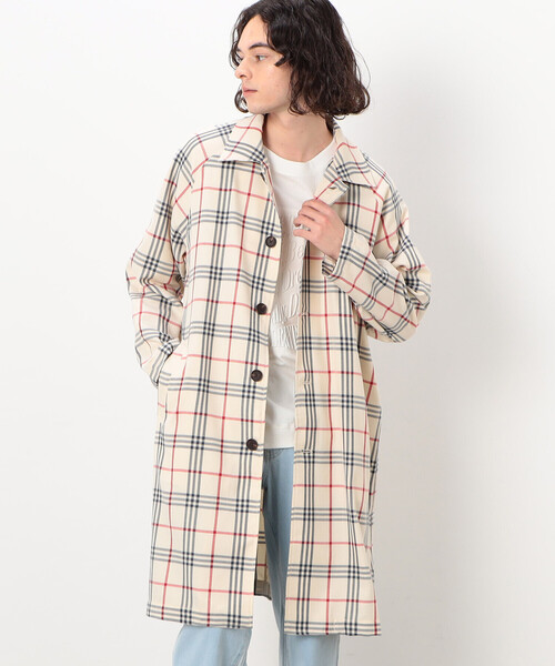 Purple&Yellow（パープルアンドイエロー）の「チェック ラグランコート（ステンカラーコート・メンズ・ホワイト/ブラック・SMALL/MEDIUM/LARGE）」の2枚目の写真