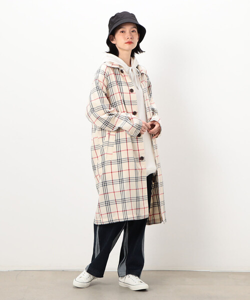 Purple&Yellow（パープルアンドイエロー）の「チェック ラグランコート（ステンカラーコート・メンズ・ホワイト/ブラック・SMALL/MEDIUM/LARGE）」の6枚目の写真