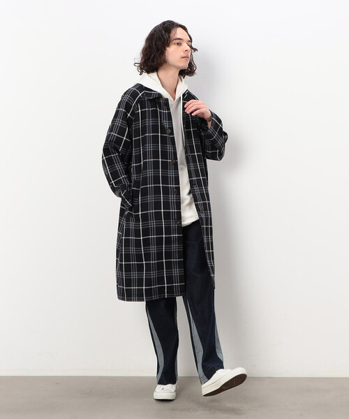 Purple&Yellow（パープルアンドイエロー）の「チェック ラグランコート（ステンカラーコート・メンズ・ホワイト/ブラック・SMALL/MEDIUM/LARGE）」の22枚目の写真