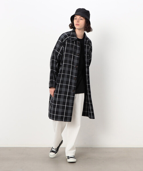Purple&Yellow（パープルアンドイエロー）の「チェック ラグランコート（ステンカラーコート・メンズ・ホワイト/ブラック・SMALL/MEDIUM/LARGE）」の12枚目の写真