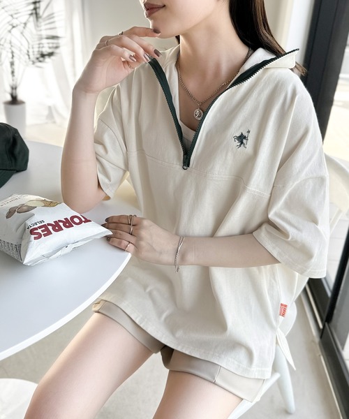 Java(ジャバ)の「《JaVa ジャバコラボ》技あり大人コーデ。綿100%配色ハーフジッププルオーバー(Tシャツ/カットソー・レディース・グリーン/オレンジ/ネイビー/ベージュ/オフホワイト/アイボリー・LARGE/MEDIUM/SMALL/X-LARGE)」の9枚目の写真