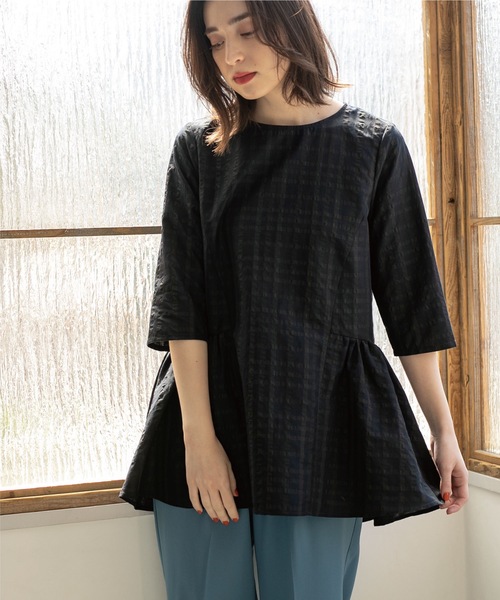 OPAQUE.CLIP（オペークドットクリップ）の「◆サッカーチェック チュニックブラウス【洗える】（チュニック・レディース・ホワイト系/ブルー/ネイビー・40/42/38）」の10枚目の写真