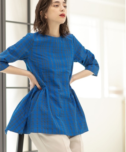 OPAQUE.CLIP（オペークドットクリップ）の「◆サッカーチェック チュニックブラウス【洗える】（チュニック・レディース・ホワイト系/ブルー/ネイビー・40/42/38）」の14枚目の写真