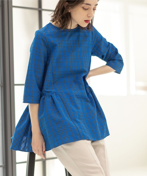 OPAQUE.CLIP（オペークドットクリップ）の「◆サッカーチェック チュニックブラウス【洗える】（チュニック・レディース・ホワイト系/ブルー/ネイビー・40/42/38）」の15枚目の写真