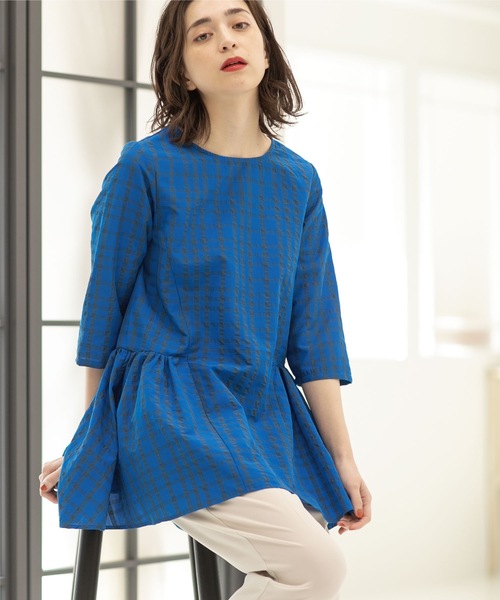 OPAQUE.CLIP（オペークドットクリップ）の「◆サッカーチェック チュニックブラウス【洗える】（チュニック・レディース・ホワイト系/ブルー/ネイビー・40/42/38）」の16枚目の写真