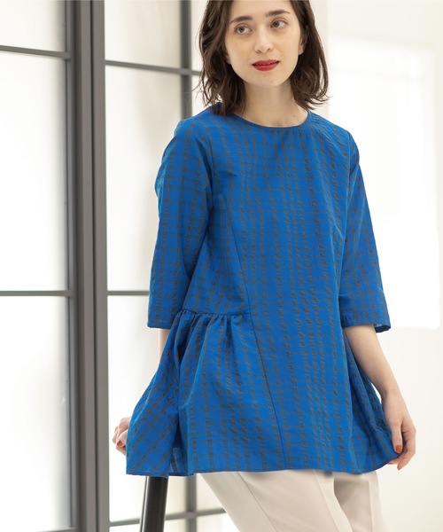 OPAQUE.CLIP（オペークドットクリップ）の「◆サッカーチェック チュニックブラウス【洗える】（チュニック・レディース・ホワイト系/ブルー/ネイビー・40/42/38）」の17枚目の写真