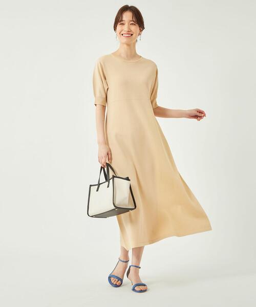 キリカエニットフレアショートスリーブワンピース-ウォッシャブル-