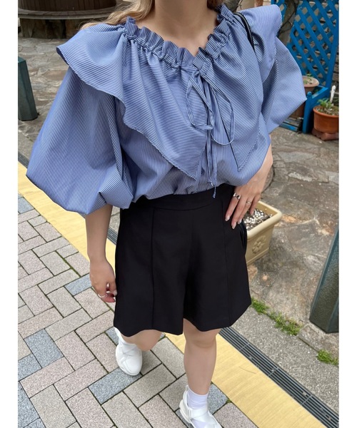 JUMELLE（ジュメロ）の「ストライプフリルＢＬ（シャツ/ブラウス・レディース・ピンク/ネイビー・M）」の2枚目の写真