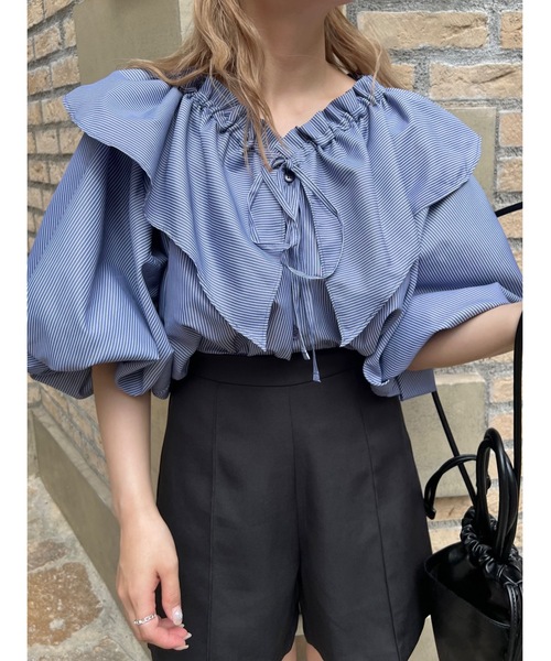 JUMELLE（ジュメロ）の「ストライプフリルＢＬ（シャツ/ブラウス・レディース・ピンク/ネイビー・M）」の11枚目の写真