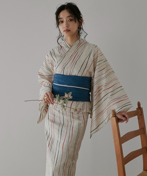 浴衣】古典柄綿麻ゆかた5点セット（ゆかた＋へこ帯＋下駄＋帯どめ＋