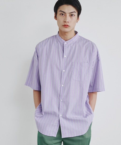 Magine（マージン）の「【SELECT】IR:ビッグサイズバンドカラーシャツS/S（シャツ/ブラウス・メンズ・サックスブルー/ブラック/ホワイト×ブルー/グレイッシュベージュ/ホワイト/グリーン/ブラック×ホワイト/グリーン系/サックスブルー系/イエロー/ラベンダー・M/L/XL）」の10枚目の写真