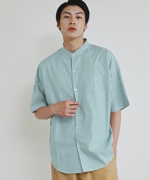 Magine（マージン）の「【SELECT】IR:ビッグサイズバンドカラーシャツS/S（シャツ/ブラウス・メンズ・サックスブルー/ブラック/ホワイト×ブルー/グレイッシュベージュ/ホワイト/グリーン/ブラック×ホワイト/グリーン系/サックスブルー系/イエロー/ラベンダー・M/L/XL）」の8枚目の写真