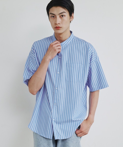 Magine（マージン）の「【SELECT】IR:ビッグサイズバンドカラーシャツS/S（シャツ/ブラウス・メンズ・サックスブルー/ブラック/ホワイト×ブルー/グレイッシュベージュ/ホワイト/グリーン/ブラック×ホワイト/グリーン系/サックスブルー系/イエロー/ラベンダー・M/L/XL）」の9枚目の写真