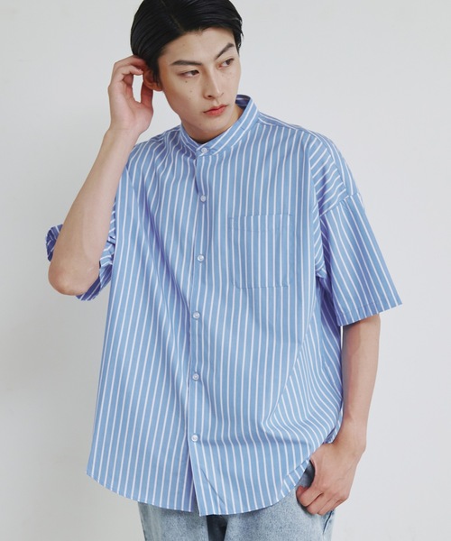 Magine（マージン）の「【SELECT】IR:ビッグサイズバンドカラーシャツS/S（シャツ/ブラウス・メンズ・サックスブルー/ブラック/ホワイト×ブルー/グレイッシュベージュ/ホワイト/グリーン/ブラック×ホワイト/グリーン系/サックスブルー系/イエロー/ラベンダー・M/L/XL）」の19枚目の写真