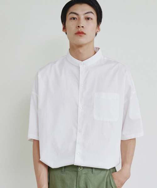 Magine（マージン）の「【SELECT】IR:ビッグサイズバンドカラーシャツS/S（シャツ/ブラウス・メンズ・サックスブルー/ブラック/ホワイト×ブルー/グレイッシュベージュ/ホワイト/グリーン/ブラック×ホワイト/グリーン系/サックスブルー系/イエロー/ラベンダー・M/L/XL）」の15枚目の写真