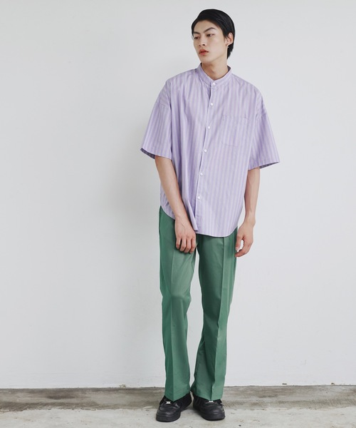 Magine（マージン）の「【SELECT】IR:ビッグサイズバンドカラーシャツS/S（シャツ/ブラウス・メンズ・サックスブルー/ブラック/ホワイト×ブルー/グレイッシュベージュ/ホワイト/グリーン/ブラック×ホワイト/グリーン系/サックスブルー系/イエロー/ラベンダー・M/L/XL）」の13枚目の写真