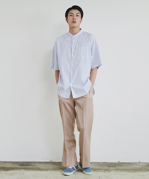 Magine（マージン）の「【SELECT】IR:ビッグサイズバンドカラーシャツS/S（シャツ/ブラウス・メンズ・サックスブルー/ブラック/ホワイト×ブルー/グレイッシュベージュ/ホワイト/グリーン/ブラック×ホワイト/グリーン系/サックスブルー系/イエロー/ラベンダー・M/L/XL）」の21枚目の写真