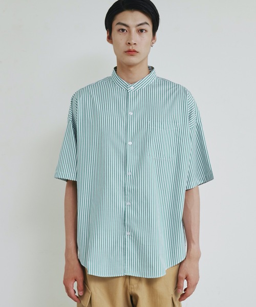 Magine（マージン）の「【SELECT】IR:ビッグサイズバンドカラーシャツS/S（シャツ/ブラウス・メンズ・サックスブルー/ブラック/ホワイト×ブルー/グレイッシュベージュ/ホワイト/グリーン/ブラック×ホワイト/グリーン系/サックスブルー系/イエロー/ラベンダー・M/L/XL）」の14枚目の写真